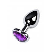 Серебристая коническая анальная пробка с фиолетовым кристаллом-сердечком - 7 см. - ToyFa - купить с доставкой в Казани
