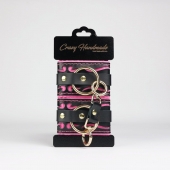 Черные кожаные наручники с розовой строчкой - Crazy Handmade - купить с доставкой в Казани