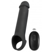 Черная вибронасадка для пениса с хомутом для мошонки и пультом ДУ Remote Controlled Penis Extension - Orion - в Казани купить с доставкой