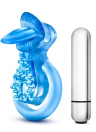 Голубое эрекционное виброкольцо 10 Function Vibrating Tongue Ring - Blush Novelties - в Казани купить с доставкой