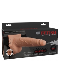 Телесный полый страпон с имитацией эякуляции 7.5  Hollow Squirting Strap-On with Balls Flesh - 21,6 см. - Pipedream - купить с доставкой в Казани