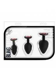 Набор черных анальных пробок с красным кристаллом-сердечком Bling Plugs Training Kit - Blush Novelties - купить с доставкой в Казани