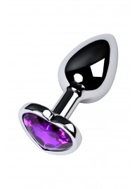 Серебристая коническая анальная пробка с фиолетовым кристаллом-сердечком - 7 см. - ToyFa - купить с доставкой в Казани