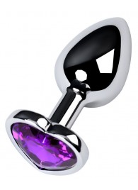 Серебристая коническая анальная пробка с фиолетовым кристаллом-сердечком - 7 см. - ToyFa - купить с доставкой в Казани