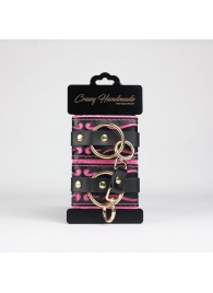 Черные кожаные наручники с розовой строчкой - Crazy Handmade - купить с доставкой в Казани