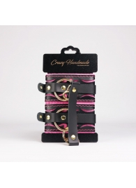 Черные кожаные оковы с розовой строчкой - Crazy Handmade - купить с доставкой в Казани