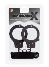 Чёрные наручники из листового металла в комплекте с веревкой BONDX METAL CUFFS LOVE ROPE SET - Dream Toys - купить с доставкой в Казани