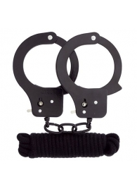 Чёрные наручники из листового металла в комплекте с веревкой BONDX METAL CUFFS LOVE ROPE SET - Dream Toys - купить с доставкой в Казани