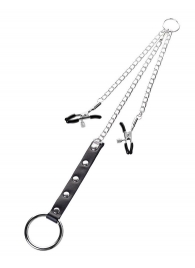 Серебристо-чёрные зажимы для сосков с кольцом для пениса TOYFA Metal - ToyFa - купить с доставкой в Казани