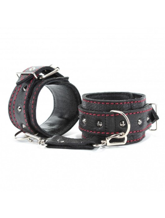 Черные оковы с шипами и контрастной строчкой - БДСМ Арсенал - купить с доставкой в Казани