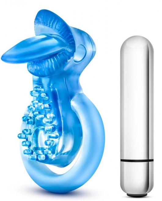 Голубое эрекционное виброкольцо 10 Function Vibrating Tongue Ring - Blush Novelties - в Казани купить с доставкой