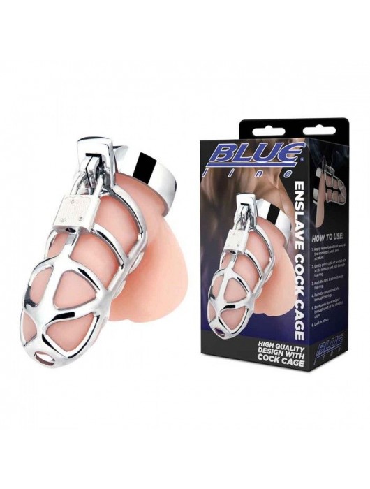 Серебристая металлическая клетка для члена с замком Enslave Cock Cage - BlueLine - купить с доставкой в Казани