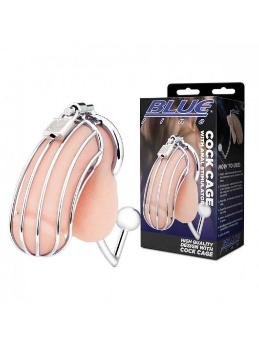 Серебристая металлическая клетка с анальным стимулятором Cock Cage - BlueLine - купить с доставкой в Казани