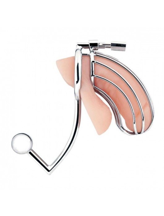 Серебристая металлическая клетка с анальным стимулятором Cock Cage - BlueLine - купить с доставкой в Казани