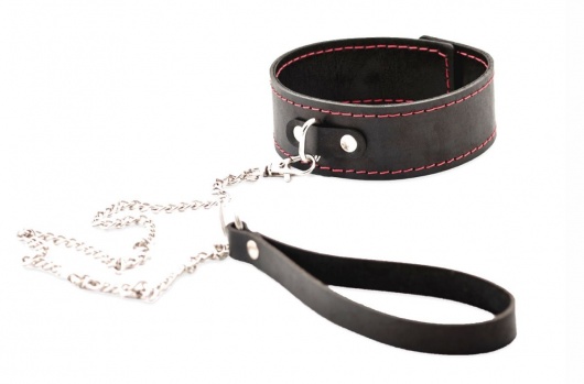 Черный широкий ошейник с красной строчкой и поводком - Crazy Handmade - купить с доставкой в Казани