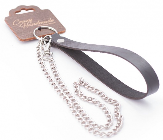 Серебристый металлический поводок с кожаной черной ручкой - 80 см. - Crazy Handmade - купить с доставкой в Казани