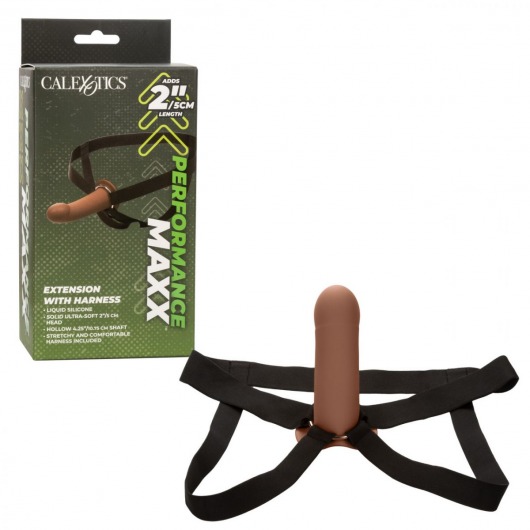 Коричневый фаллопротез из силикона Extension with Harness - 15,75 см. - California Exotic Novelties - купить с доставкой в Казани