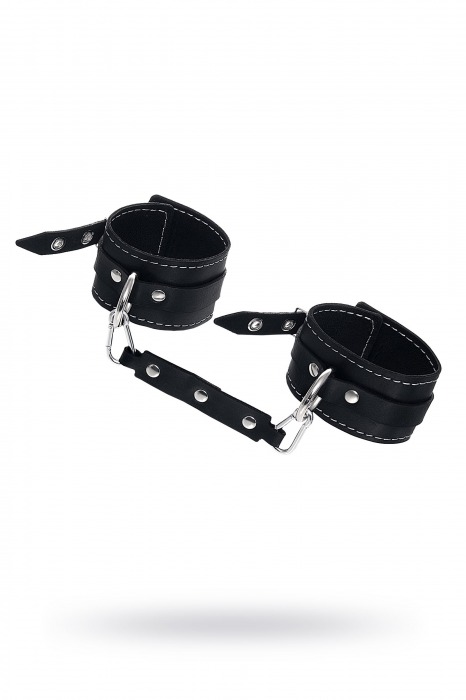 Черные двухслойные кожаные оковы с белой строчкой - Pecado - купить с доставкой в Казани