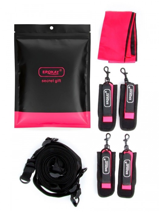 Черно-розовый эротический набор: фиксатор, оковы, наручники, повязка - Erokay - купить с доставкой в Казани