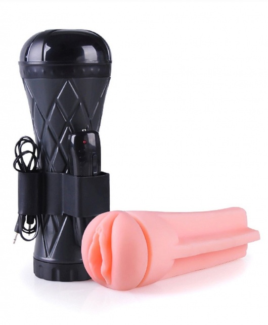 Телесный мастурбатор-вагина в черной колбе с вибрацией - Boys of Toys - в Казани купить с доставкой