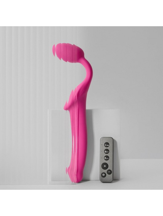 Ярко-розовый безремневой страпон Strap-on-me Vibrating Bendable Strap-On size M - Strap-on-me - купить с доставкой в Казани