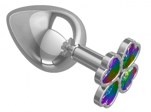 Серебристая анальная пробка-клевер с радужным кристаллом - 9,5 см. - Джага-Джага - купить с доставкой в Казани